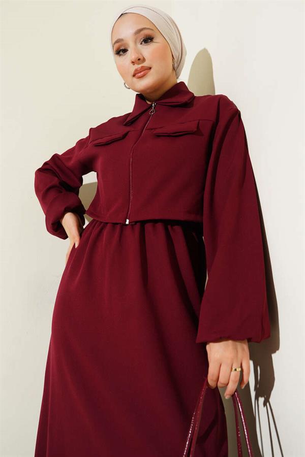 Shirt Collar Zippered Vest Set Burgundy