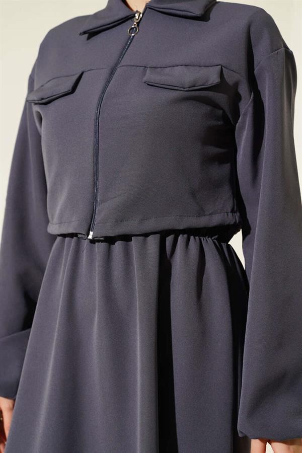 Shirt Collar Zippered Vest Suit in Smoke Color