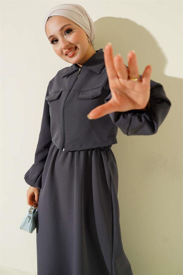 Shirt Collar Zippered Vest Suit in Smoke Color