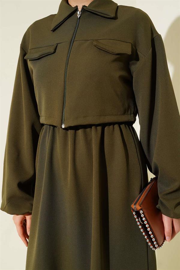 Shirt Collar Front Zippered Vest Set Khaki