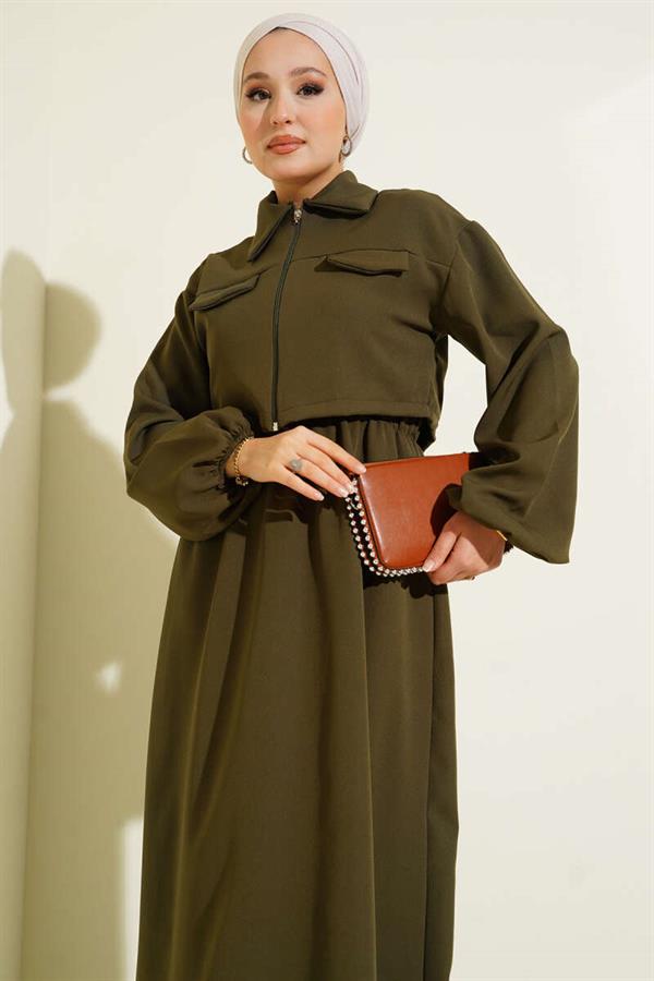 Shirt Collar Front Zippered Vest Set Khaki