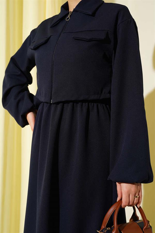Shirt Collar Zippered Vest Suit Navy Blue