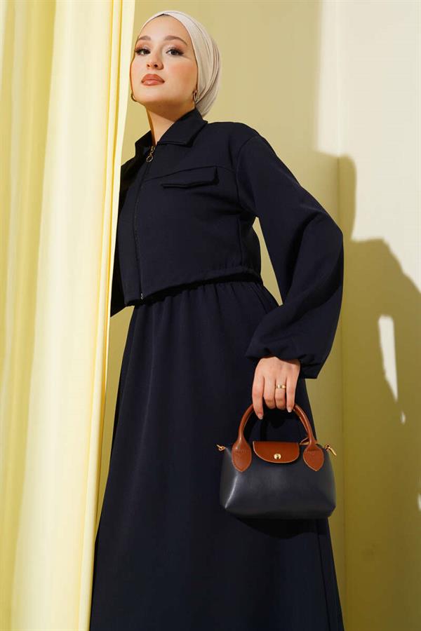 Shirt Collar Zippered Vest Suit Navy Blue