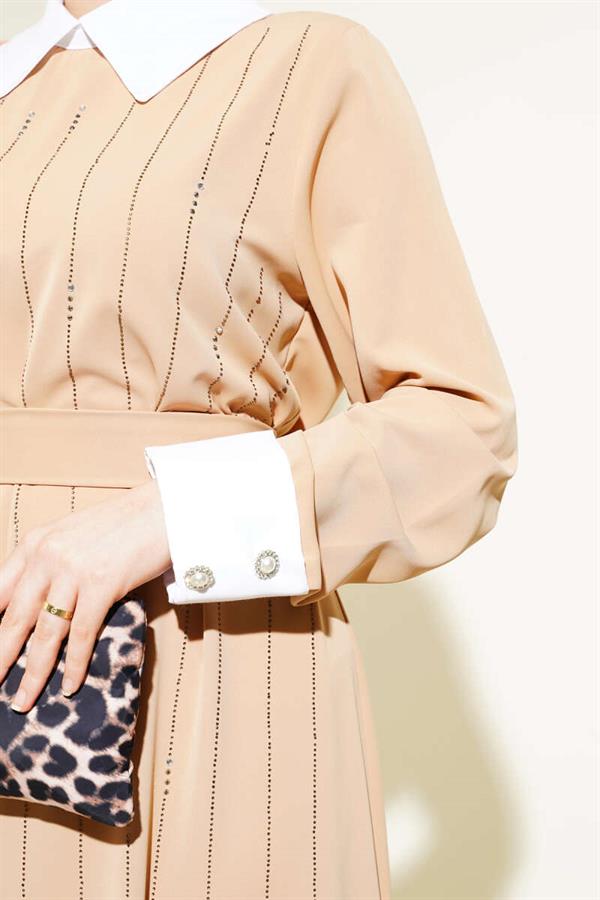 Shirt Collar Front Stoned Dress Latte