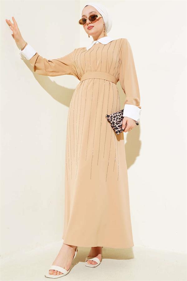 Shirt Collar Front Stoned Dress Latte