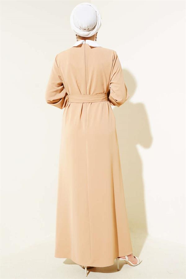 Shirt Collar Front Stoned Dress Latte