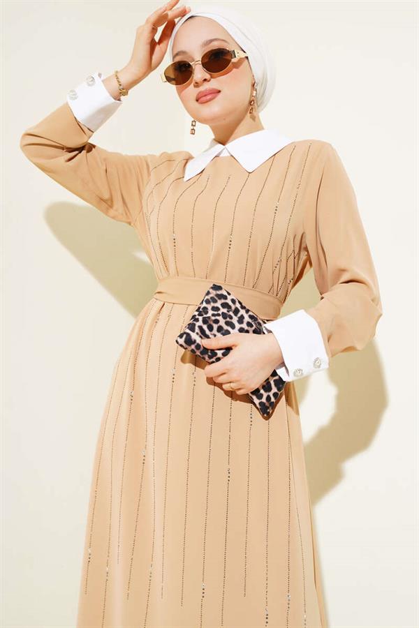 Shirt Collar Front Stoned Dress Latte