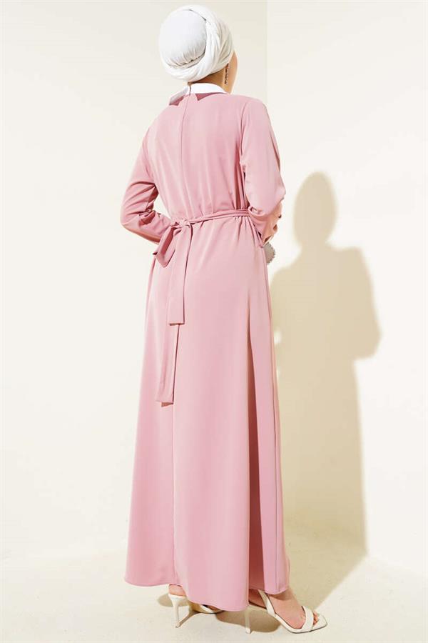 Shirt Collar Front Stoned Dress Powder