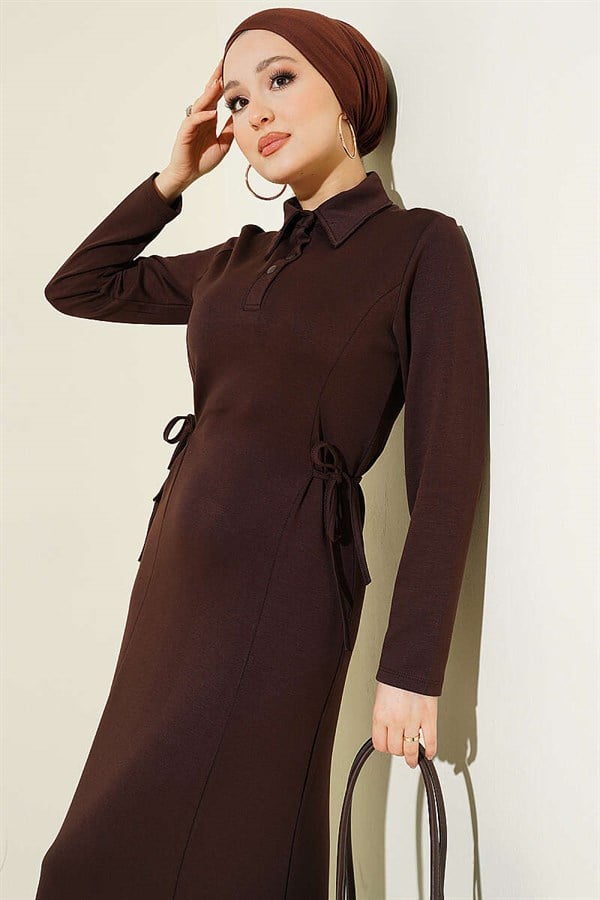 Shirt Collar Buttoned Dress Coffee