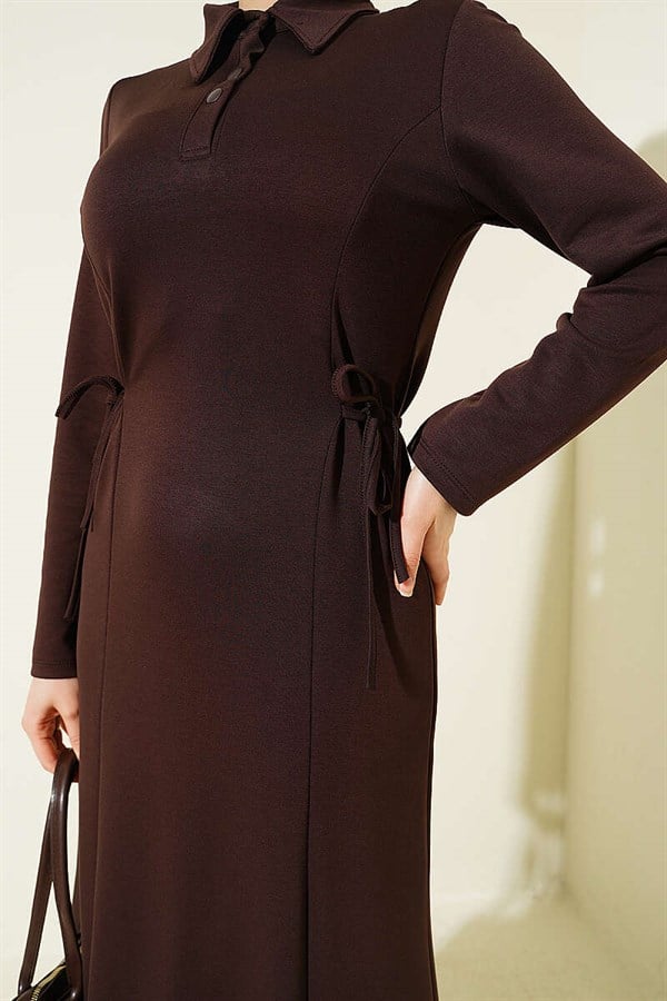 Shirt Collar Buttoned Dress Coffee