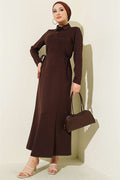 Shirt Collar Buttoned Dress Coffee