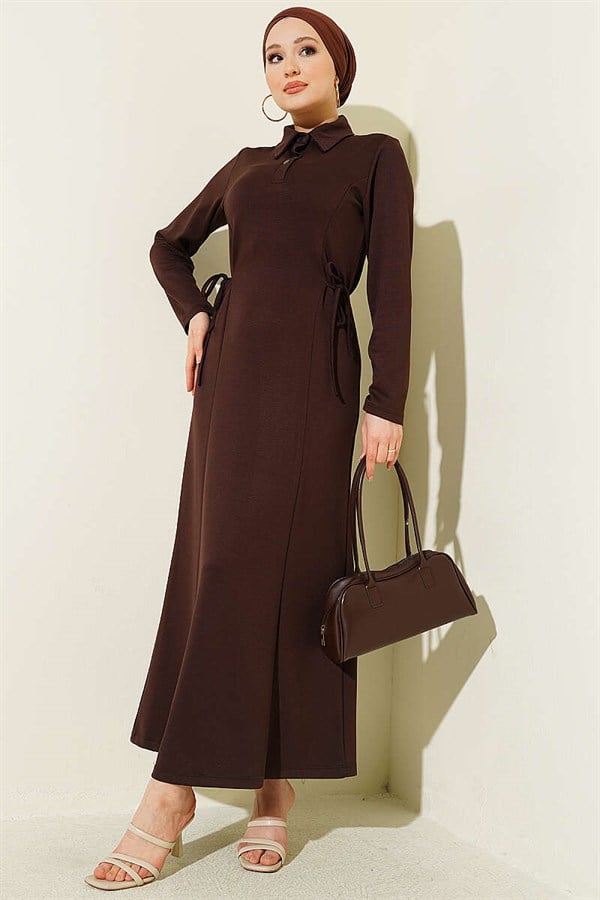 Shirt Collar Buttoned Dress Coffee
