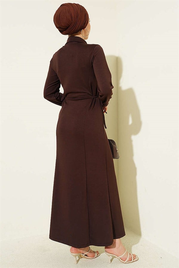Shirt Collar Buttoned Dress Coffee