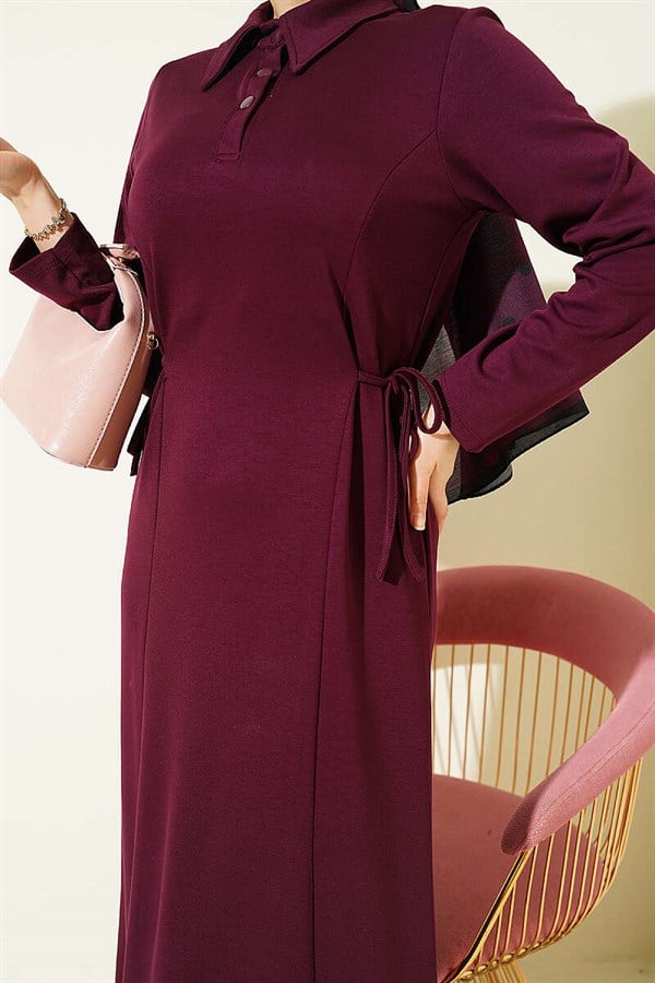 Shirt Collar Buttonless Dress, Plum