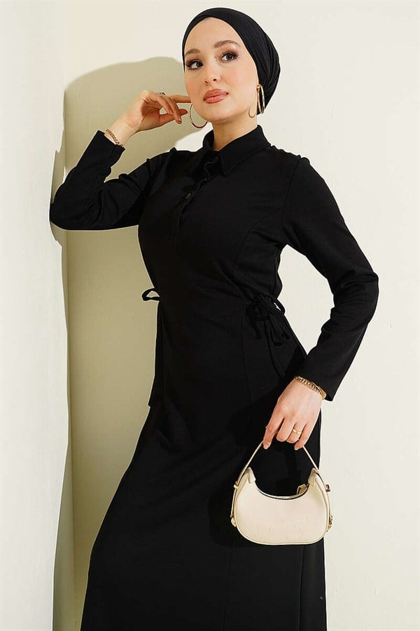 Shirt Collar Buttonhole Dress Black