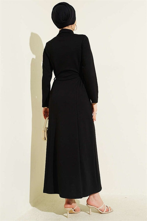 Shirt Collar Buttonhole Dress Black