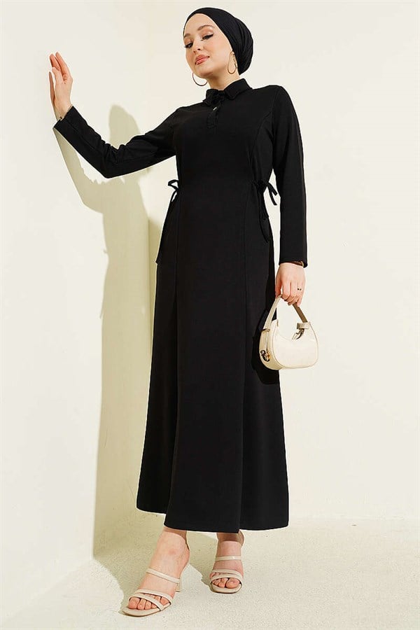 Shirt Collar Buttonhole Dress Black