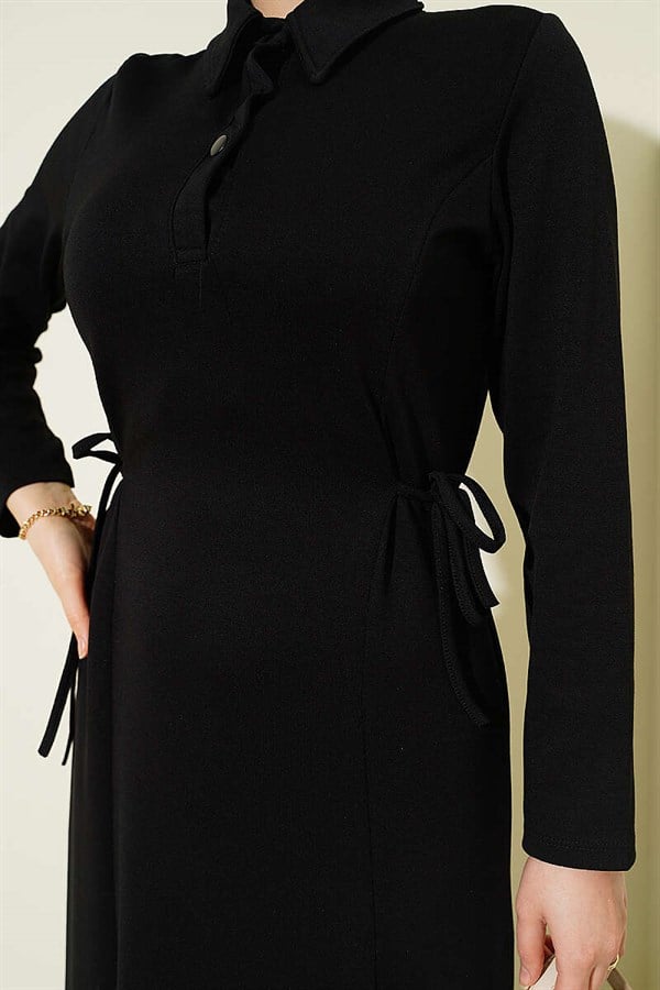 Shirt Collar Buttonhole Dress Black