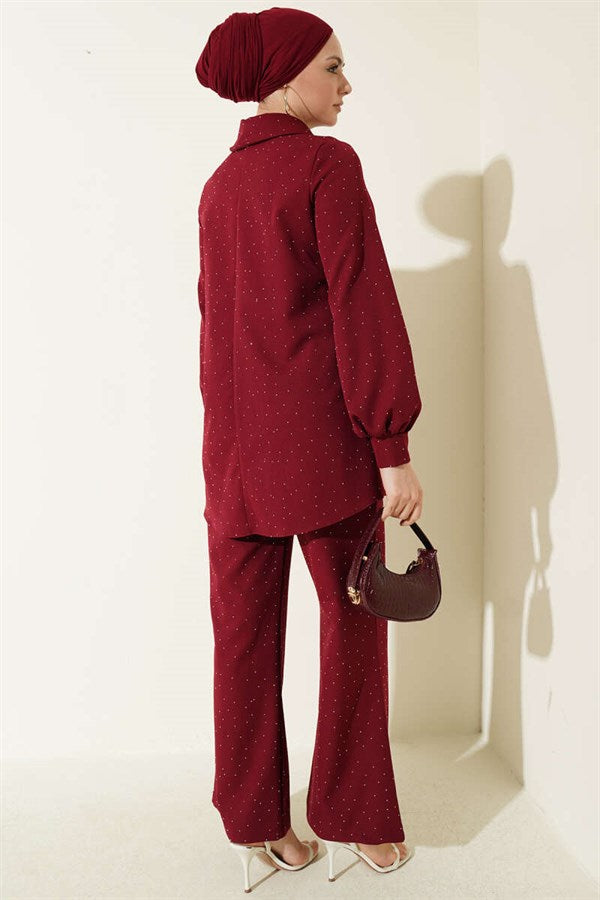 Shirt Collar Stone Embellished 2 Piece Set in Burgundy