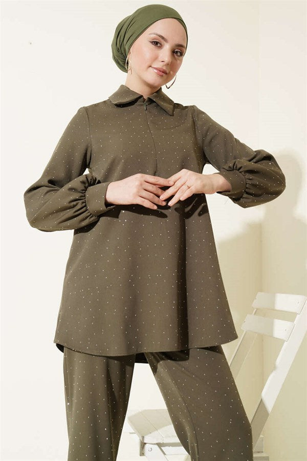 2 Piece Set with Stone Embellishment on Shirt Collar, Khaki