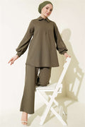 2 Piece Set with Stone Embellishment on Shirt Collar, Khaki