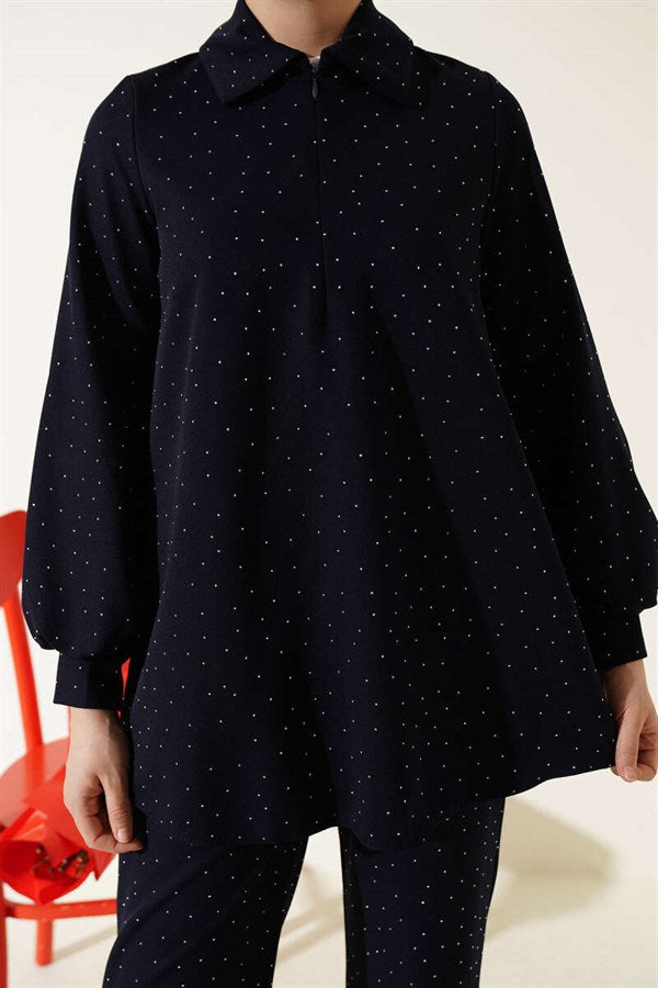Shirt Collar Stone Embellished 2 Piece Set Navy Blue