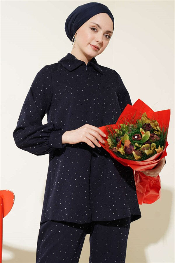 Shirt Collar Stone Embellished 2 Piece Set Navy Blue