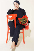 Shirt Collar Stone Embellished 2 Piece Set Navy Blue