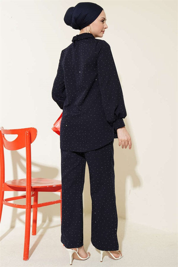 Shirt Collar Stone Embellished 2 Piece Set Navy Blue