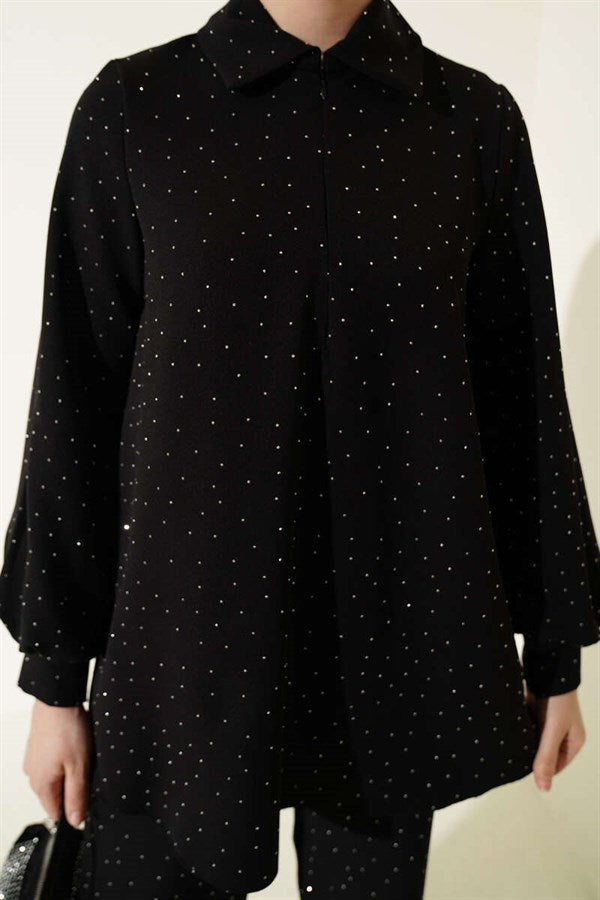 Shirt Collar Stone Embellished 2 Piece Set, Black