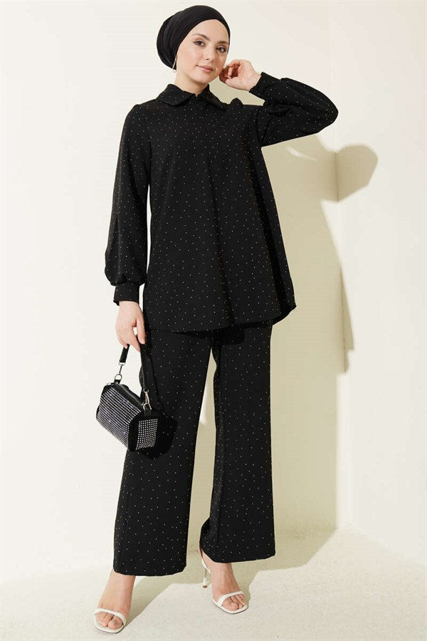 Shirt Collar Stone Embellished 2 Piece Set, Black
