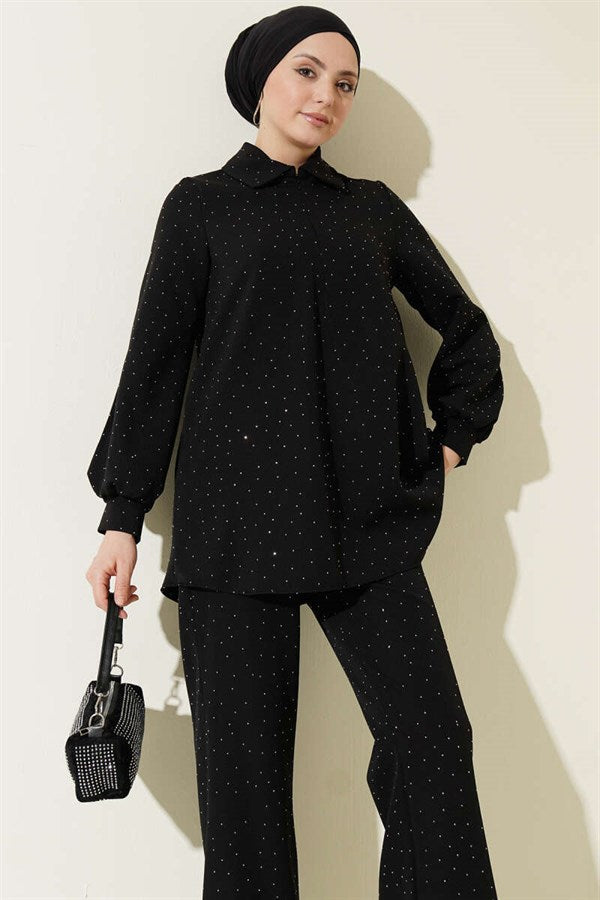 Shirt Collar Stone Embellished 2 Piece Set, Black