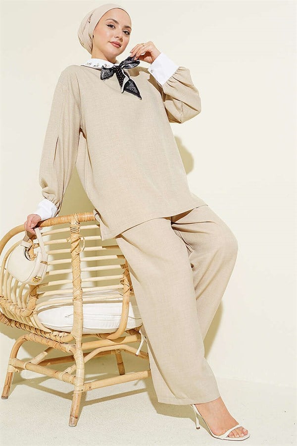 Shirt Collar Embellished Loose Fit 2 Piece Set in Beige