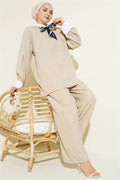Shirt Collar Embellished Loose Fit 2 Piece Set in Beige