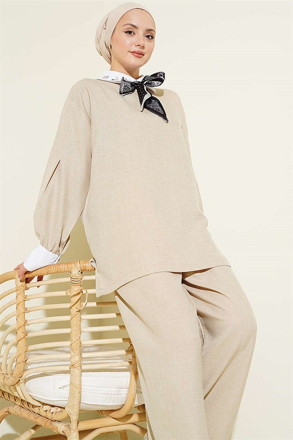 Shirt Collar Embellished Loose Fit 2 Piece Set in Beige