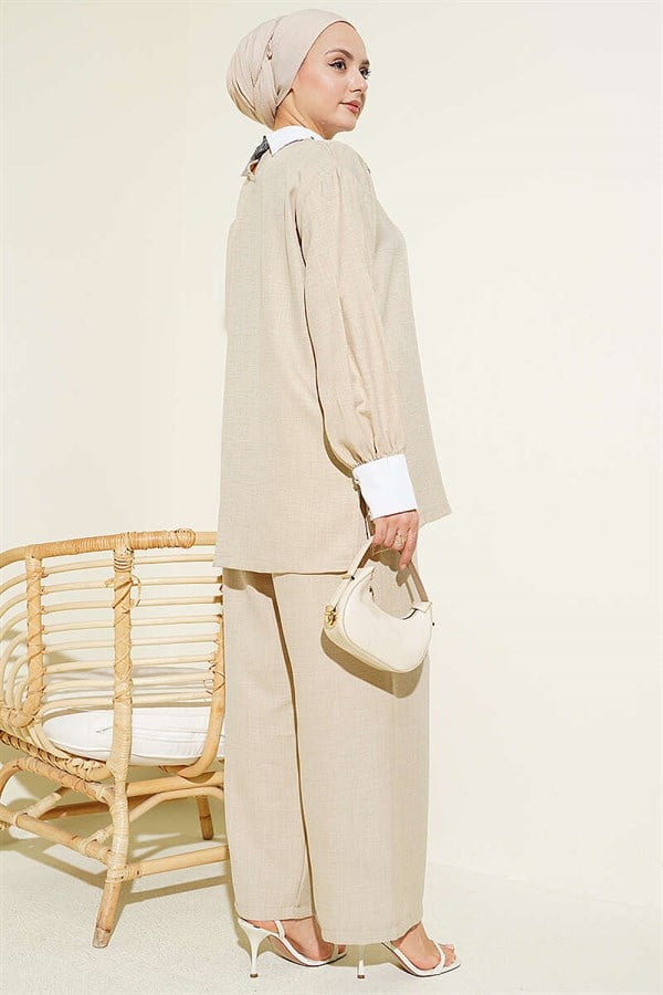 Shirt Collar Embellished Loose Fit 2 Piece Set in Beige