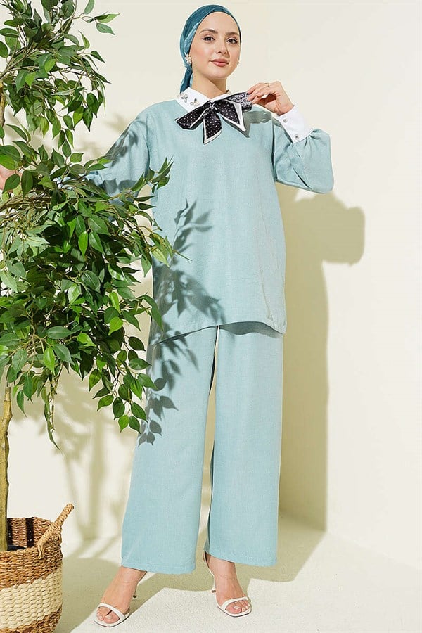 Shirt Collar Embellished Loose Fit 2 Piece Set in Light Green