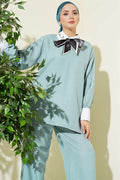 Shirt Collar Embellished Loose Fit 2 Piece Set in Light Green