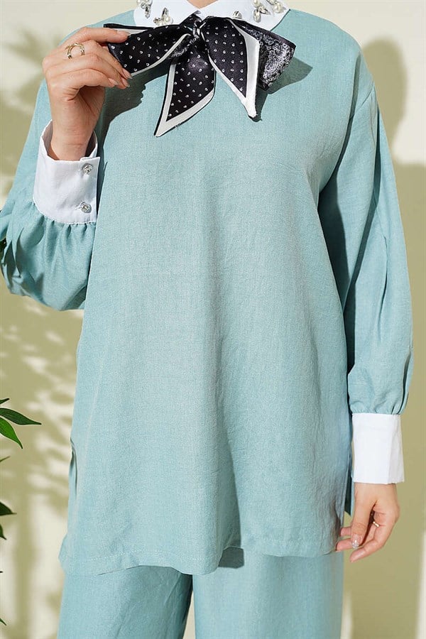 Shirt Collar Embellished Loose Fit 2 Piece Set in Light Green