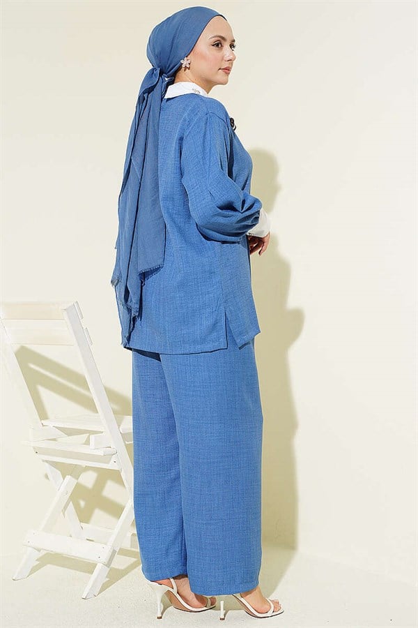 Shirt Collar Embellished Loose Fit 2 Piece Set Indigo