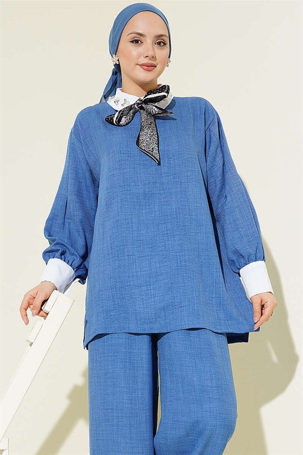 Shirt Collar Embellished Loose Fit 2 Piece Set Indigo