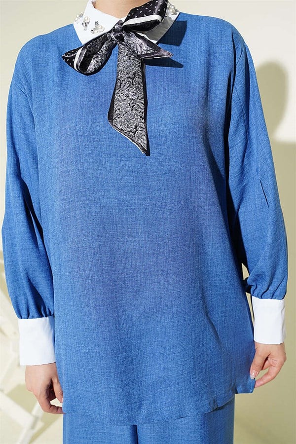 Shirt Collar Embellished Loose Fit 2 Piece Set Indigo