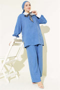 Shirt Collar Embellished Loose Fit 2 Piece Set Indigo