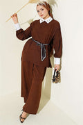 Shirt Collar Embellished Loose Fit 2 Piece Set in Coffee Brown