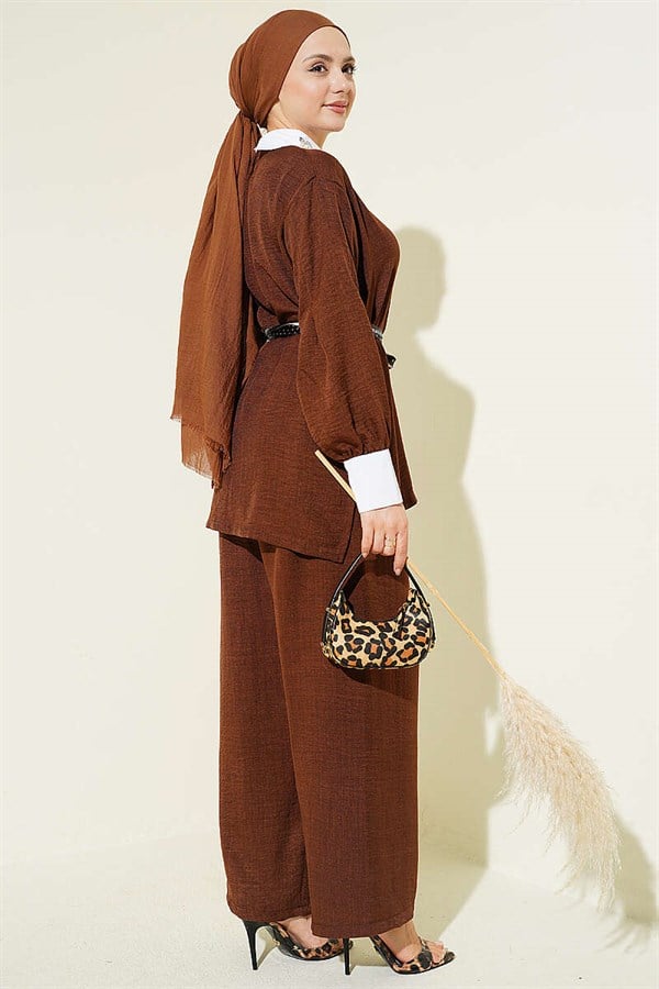 Shirt Collar Embellished Loose Fit 2 Piece Set in Coffee Brown