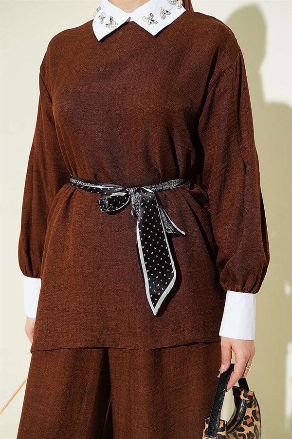 Shirt Collar Embellished Loose Fit 2 Piece Set in Coffee Brown