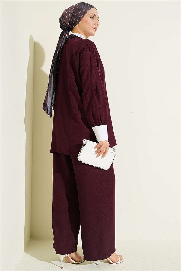 Shirt Collar Embellished Loose Fit 2 Piece Set in Plum