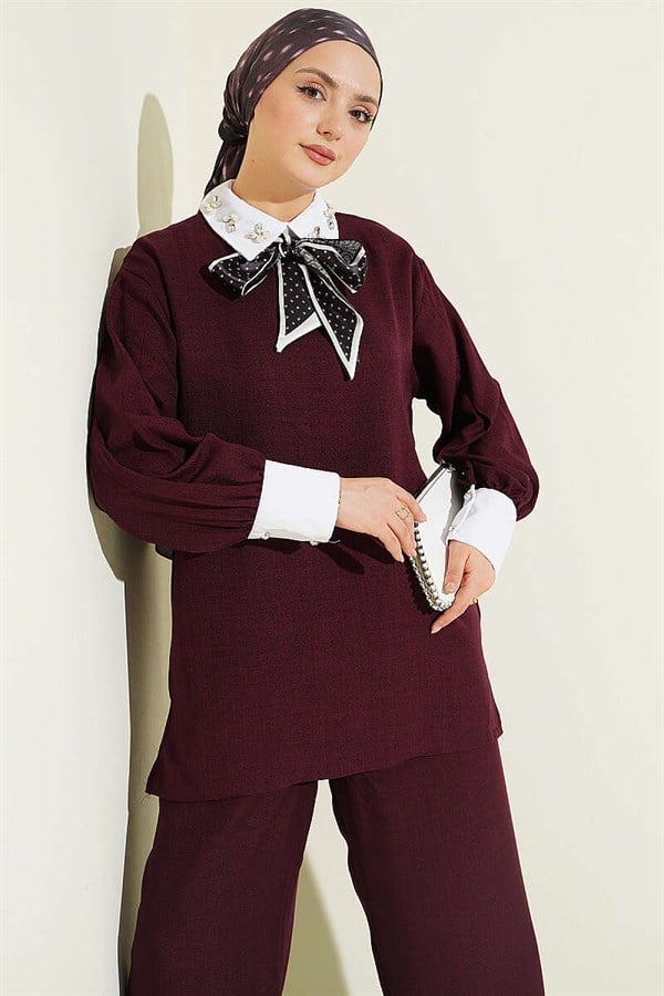 Shirt Collar Embellished Loose Fit 2 Piece Set in Plum