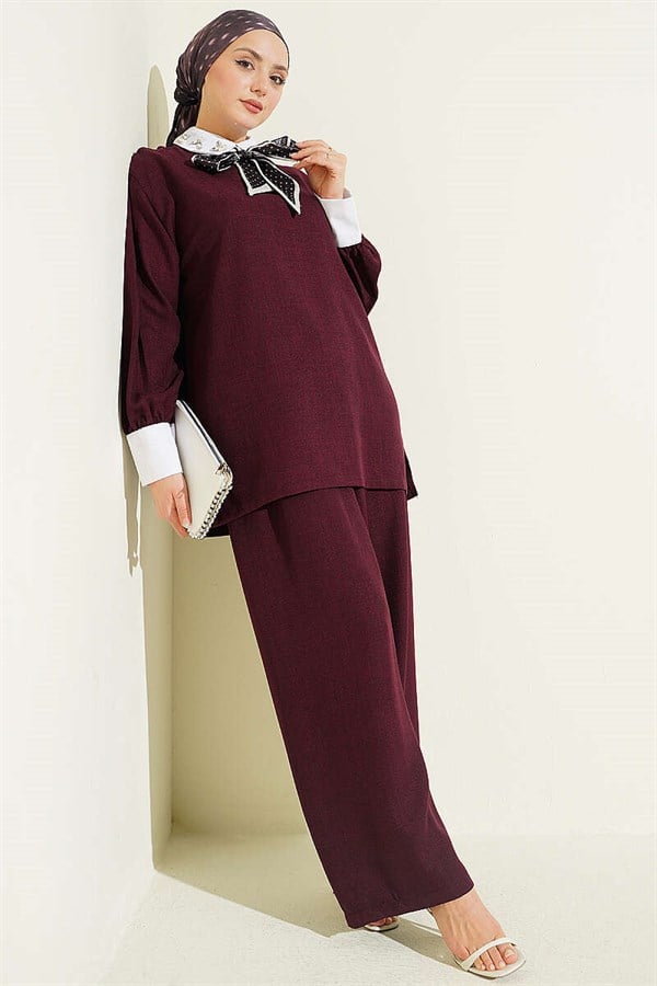 Shirt Collar Embellished Loose Fit 2 Piece Set in Plum