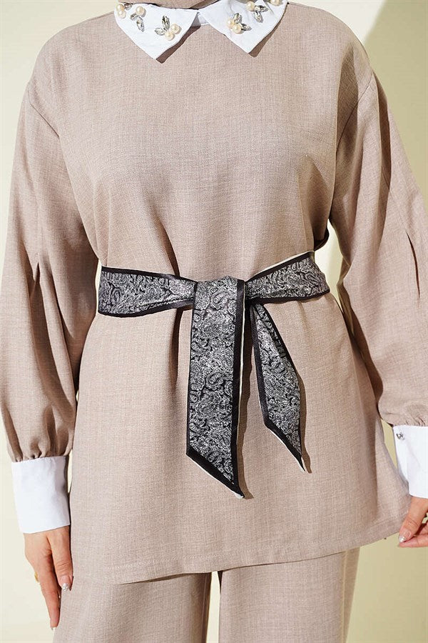 Shirt Collar Embellished Loose 2 Piece Set in Powder Pink